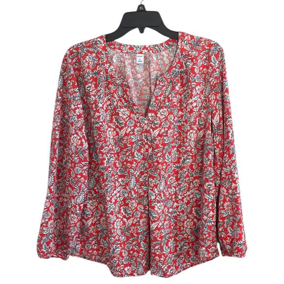 Old Navy Split Neck Long Sleeve Top Red Floral XL - Picture 1 of 10